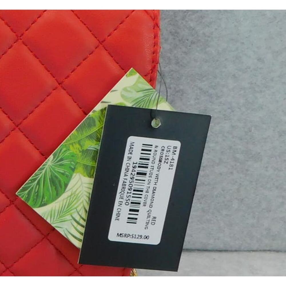 Badgley Mischka Red Diamond Quilted  Round Studs Crossbody Bag Vegan Leather - Picture 9 of 9